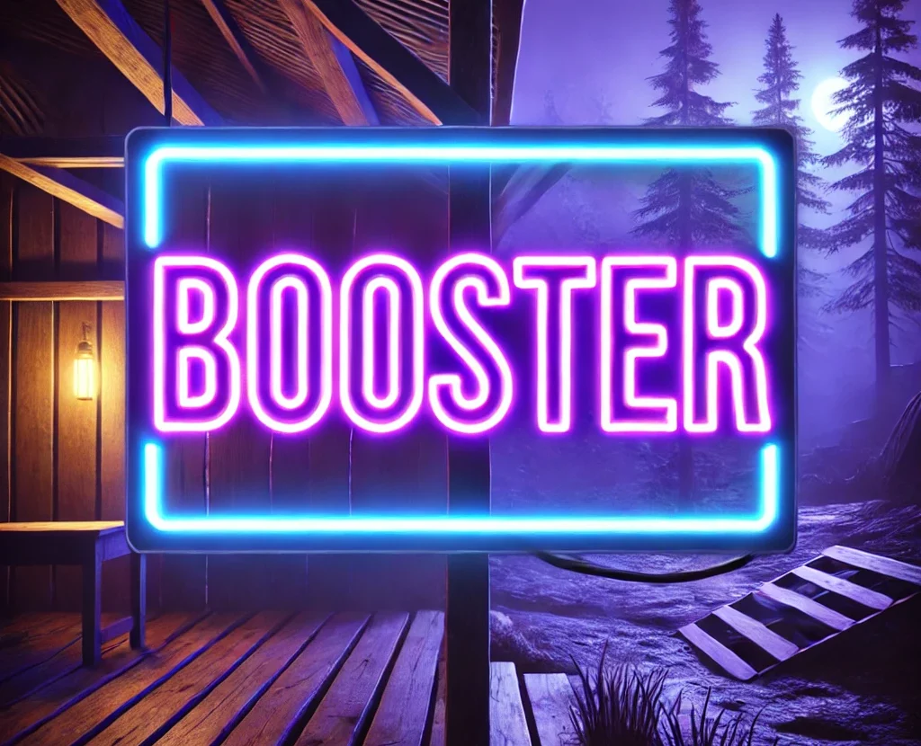 DALL·E 2025-02-13 20.22.17 - A neon sign with the word 'BOOSTER' glowing in a diagonal orientation. The neon text is in vibrant purple and blue hues, with a soft shadow effect to